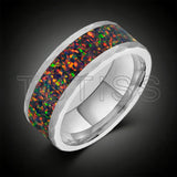 Hammered Tungsten Black Fire Opal Inlay 8mm Tungsten Engagement Ring for Men Women