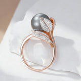 14 Karat Rolled Gold Big Grey Pearl AAA Zircon Diamonds  Luxury Women's Rings
