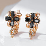 Luxury Black 14K Rolled Rose Gold AAA Zircon Crystals Drop Earrings - Vintage Style Crystal Flower Jewellery