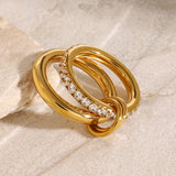 18K Gold Plated Minimalism Glossy Shine Stainless Steel White Cubic Zirconia Inlaid Double Layer Ring