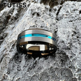 Beveled Edges Grooved Brushed Surface 8mm Black Blue Tungsten Carbide Rings