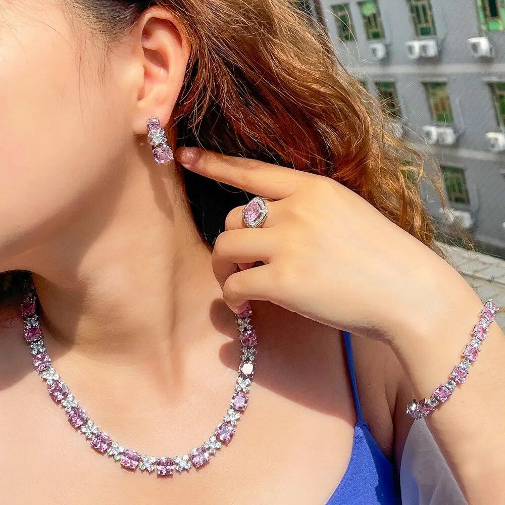 New Luxury Real AAA+ Cubic Zirconia Diamonds Paved Square Pink Necklace 4pcs Bridal Wedding Dress Jewellery Sets - The Jewellery Supermarket