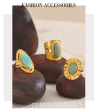 18K Gold Plated Green Natural Stone Fashion Adjustable Stainless Steel Geometric Open Ring