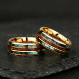 Whiskey Barrel Abalone Shell Inlaid With Rose Gold Polished Edge Tungsten Wedding