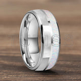 Dome Double Groove Inlaid With White Opal Stone Mother Of Pearl Shell Tungsten Rings