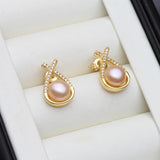Cross-Over Design Multicolour Real Pearl AAA Zircon Diamonds Stud Earrings
