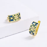 Vintage 18KGP Flower Shape Handmade Enamel Elegant Geometric Earrings