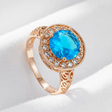 New Fashion Ethnic Hollow Flower Design Rolled 14K Rose Gold Big Blue AAA Zircon Diamonds Ring - Fine Jewellery