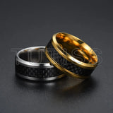 Black Carbon Fiber Inlay Beveled Edge Polished Multicolor Tungsten Carbide Rings