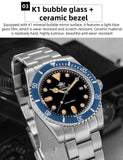 Luxury Luminous Bubble Mirror Glass 20Bar Ceramic Bezel Steel Diver Quartz Watch