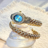 Snake Head Embellished Crystals Hollow-Out Woven Steel Bracelet Women's Watch
