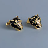 Exquisite Handmade Enamel Black Leopard Green Spinel White AAA Zircon Earrings