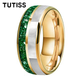 Dome Double Groove Inlaid With Green Crystal Stone Mother Of Pearl Shell Tungsten Rings