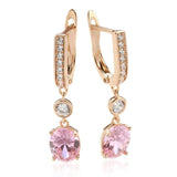 Attractive Rolled 14K Rose Gold Pink AAA Zircon Crystals Dangle Earrings For Women - Luxury Bride Jewellery