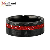 Hammered Faceted Brushed Finish Red Crystal Stone Inlay Gold Color Tungsten Rings