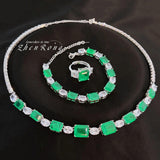 Luxury Vintage Square Lab Created Emeralds And AAA+ Zircon Necklaces Earrings Bracelets Rings - Jewellery Set - The Jewellery Supermarket