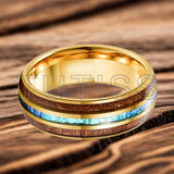 Dome Polishing Three Grooves Hawaiian Koa Wood Abalone Shell Inlay 8mm Tungsten Ring