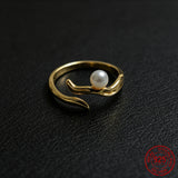 Real Pearl 925 Silver Ring Adjustable 14 Karat Yellow Gold Plated Ring