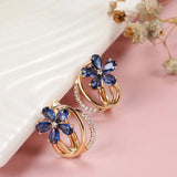 Luxury Geometric 14K Filled Rose Gold AAA Blue Zircon Crystals Flower Clip Earrings - Fashion Vintage Jewellery