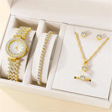 New 6PCS Set Luxury Necklace Earring Rhinestone Fashion Casual Ladies Bracelet Set Watches for Women -