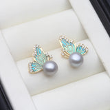 Real Cultured River Freshwater Pearl AAA Zircon Diamonds Stud Silver Earrings