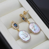 Genuine Big Baroque White Pearl AAA Zircon Diamonds Gold Plated Earrings