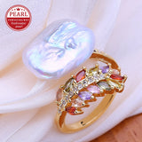 Big Baroque Natural Freshwater Pearl AAA Zircon Crystals Gold Colour Rings