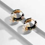 Boho Handmade Enamel Flowers Pearl Black Red Pink Vintage Gold Colour Hoop Earrings