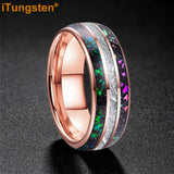 Rainbow Opal and Bright Meteorite Inlay 8mm Tungsten Carbide Men’s Women’s Ring
