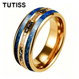 Polishing Dome Blue Glass Stone Meteorite Gold Foil Inlay 6mm 8mm Tungsten Rings