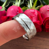 Multi-Faceted Brushed Offset Grooved  Hammer Finish 8MM Tungsten Wedding Rings