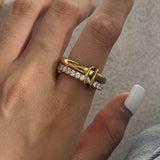 18K Gold Plated Minimalism Glossy Shine Stainless Steel White Cubic Zirconia Inlaid Double Layer Ring