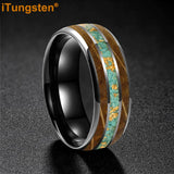 Whiskey Wood And Turquoise Gold Foil Inlay Unisex Tungsten Carbide Unisex Rings
