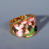 New Retro Hollow Flower Two-tone Enamel Flower 925 Silver Ring