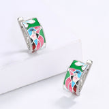 Creative Fashion Silver Plated Green Spinel Blue Bird Handmade Enamel Earrings