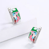 Creative Fashion Silver Plated Green Spinel Blue Bird Handmade Enamel Earrings