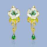 Fashion Handmade Enamel Green Pendant Flower Shape AAA Zircon Crystal Earrings