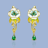 Fashion Handmade Enamel Green Pendant Flower Shape AAA Zircon Crystal Earrings