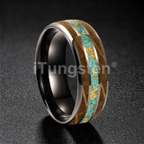 Whiskey Wood And Turquoise Gold Foil Inlay Unisex Tungsten Carbide Unisex Rings