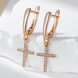 Adorable 14K Rolled Gold AAA Zircon Diamonds Faith Cross Drop Earrings Fine Jewellery