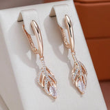 Full AAA Zircon Hollow Leaf Dangle 585 Rose Gold Luxury Earrings - Vintage Design Elegant Earrings