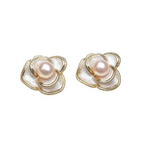 Camellia Flower Silver Multicolour Real Pearls Silver Cute Stud Earrings