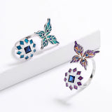 Butterfly Flower Red Green AAA Zircon Crystals Handmade Enamel Open Ring