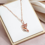 Marvelous Red Filled 14K Rose Gold AAA Zircon Crystal Fox Pendant Necklace - Animal-shaped Fine Jewellery