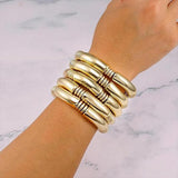 New Gold Silver Colour Chunky Bamboo Bracelets For Women - Stack Layered Curved Tube Stretch Modern Jewellery