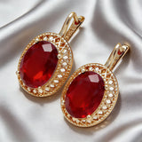 14K Filled Gold Retro Ethnic Red Big Oval AAA Zircon Crystals Drop Earrings