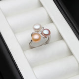 Elegant 925 Silver Multicolor Natural Pearl AAA Zircon Diamonds Adjustable Ring