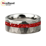 Hammered Faceted Brushed Finish Red Crystal Stone Inlay Gold Color Tungsten Rings