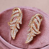 14K Gold Filled Vintage AAA Zircon Diamonds Leaf Texture Piercing Hoops Elegant Earrings