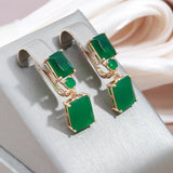 14 Karat Gold Filled Square Big Dark Green AAA Zircon Crystals Drop Vintage Earrings